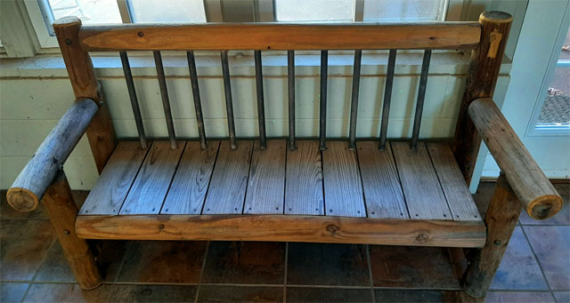 Outdoor Bench Made from pressure treated fence post using timber frame joinery for hidden mortises